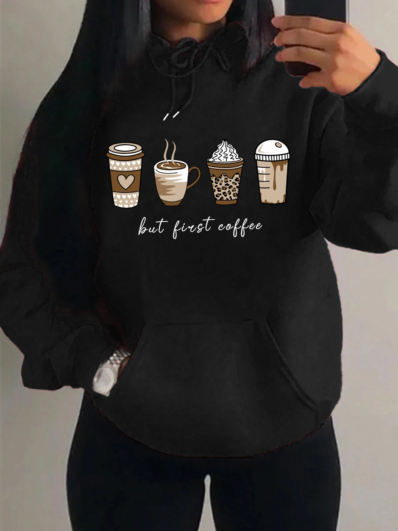 Aber zuerst Kaffee-Cartoons, Kaffeegetränke-Muster, Kapuzenpullover, modische, warme Kapuzenjacke, lässiger, trendiger Sweatshirt, Streetwear, Damenpullover. – Detail 10