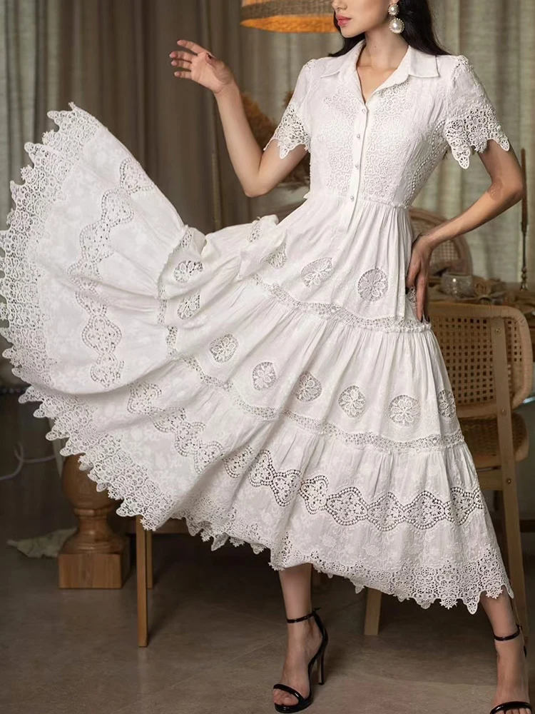 Retro spring and summer women's new lapel lace short sleeve lace waist openwork dress fashion swing A-shaped dress.