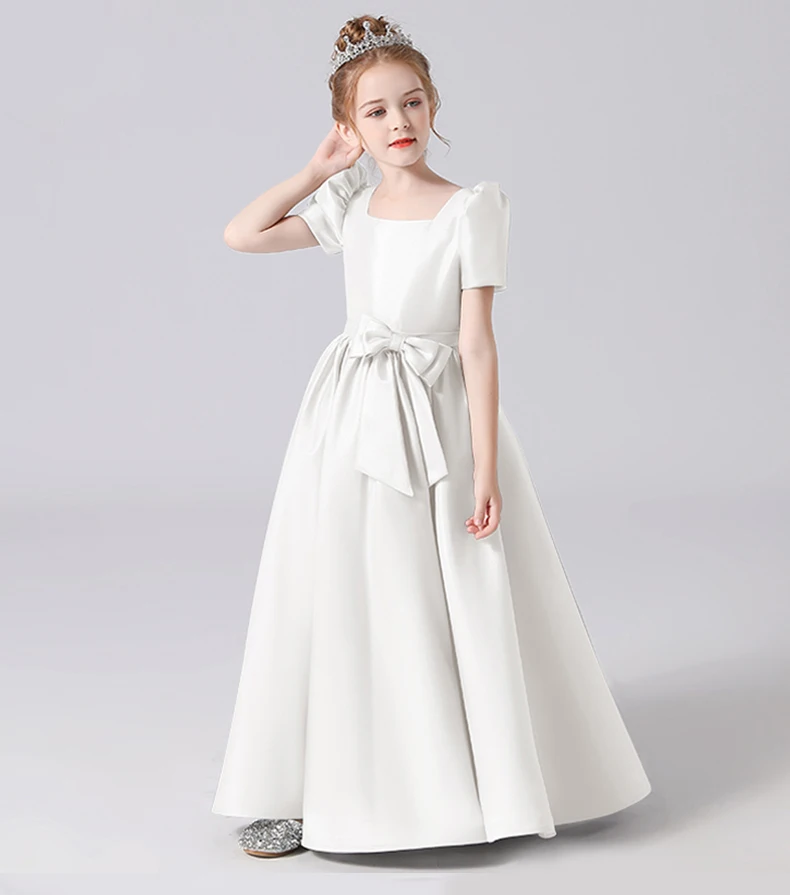 Robe de soirée en satin pour filles, robe de Rh, robe de princesse, longueur au sol, robe de demoiselle d'honneur, style scoop au dos, nouveau banquet élégant, quoi que ce soit