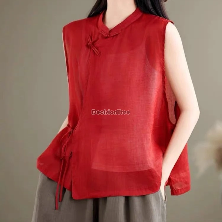

2025 chinese style cotton linen lace-up tang suit vest women summer loose retro sleeveless shirt stand-up collar cheongsam top