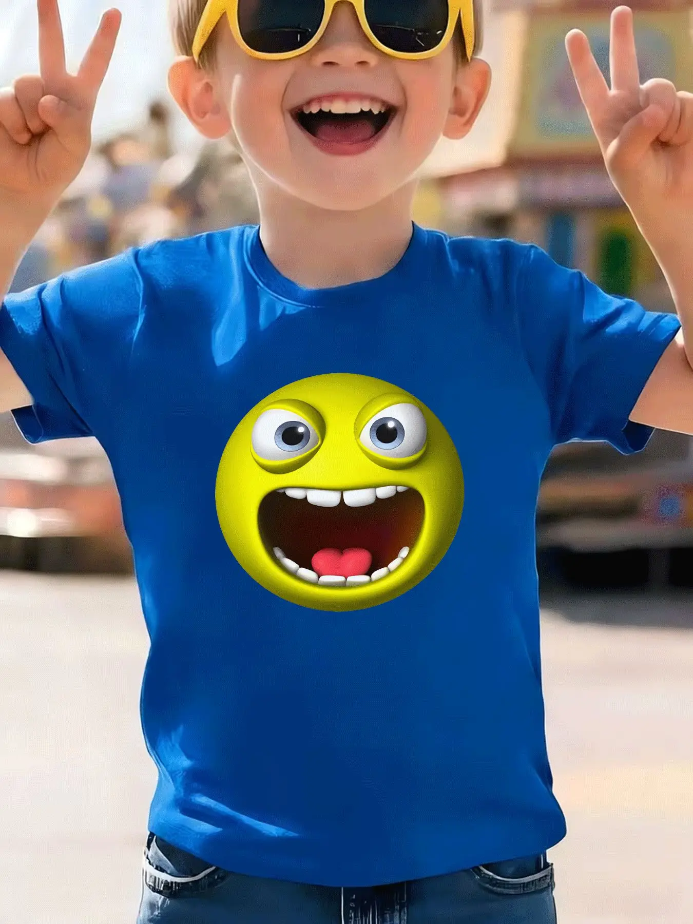 Summer Children's Fashionable Short Sleeved Fun and Exciting Smiling Cartoon Printed Casual Top Personalized Parent-child Outfit