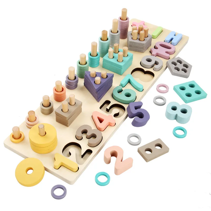 Children's wooden three-in-one brick digital set column shape paired with log board kindergarten early education puzzle toys