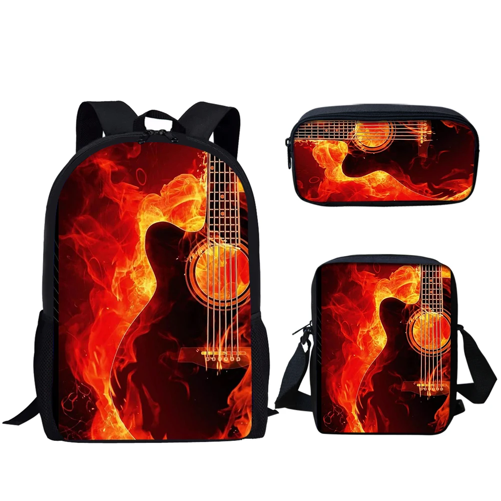 Mochilas escolares con estampado de guitarra de fuego para adolescentes, niños y niñas, mochila informal para estudiantes primarios, mochilas de gran capacidad, 3 juegos