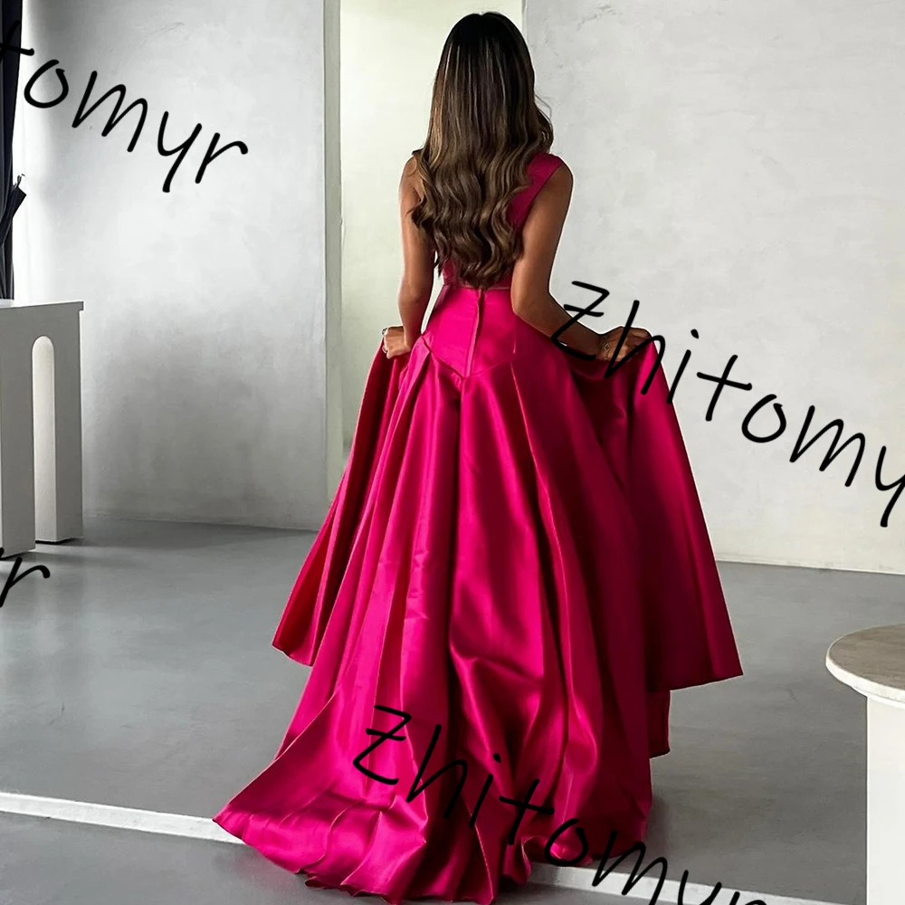 Simple one-shoulder Satin A-line Sleeveless long Prom Dresses 2024 High Slit Floor length Pleat Evening Party Dresses