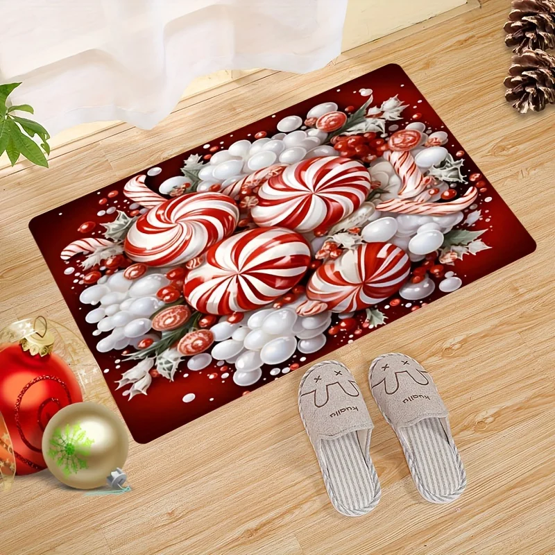 Red Peppermint Candy Door Mat Christmas Balls & Cane Pattern, Festive Welcome Rug Non-slip Entrance Floor Mat Holiday Home Decor