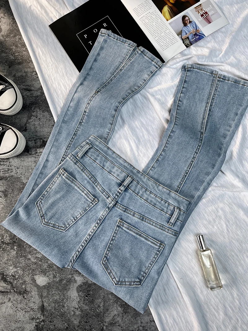 Washed blue micro-cropped jeans women's high-waisted slimming flared pants Small man 2024 new elastic summer thin pants slit