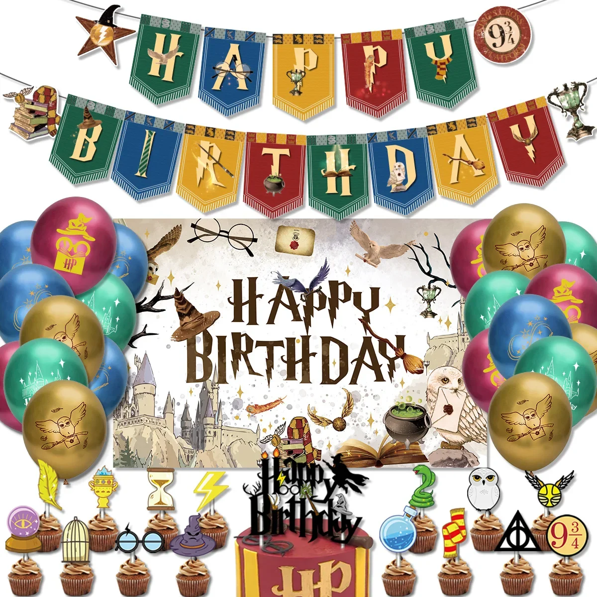 Magic Academy Birthday Party Supply Disposable Banner Cake Topper Hanging Flag Balloons Set Hot Harries Birthday Decoration image 2