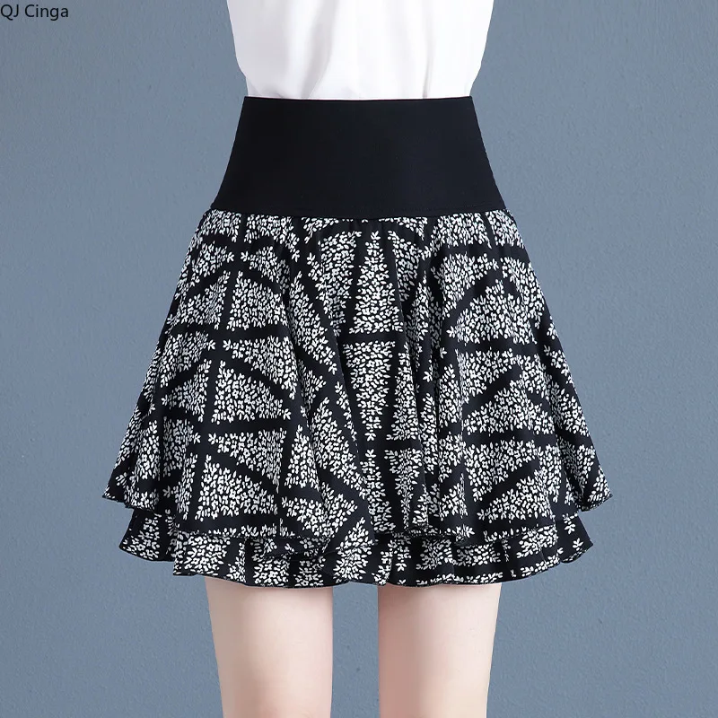 

Летняя легкая женская короткая юбка с цветочным принтом, черно-белые юбки трапециевидной формы с высокой талией и принтом, азиатские размеры S-XXXL.