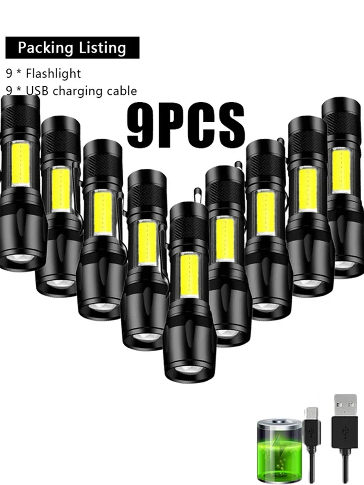 Mini LED USB lanterna de carregamento, COB + XPE, tocha portátil, lanterna de acampamento, Zoomable