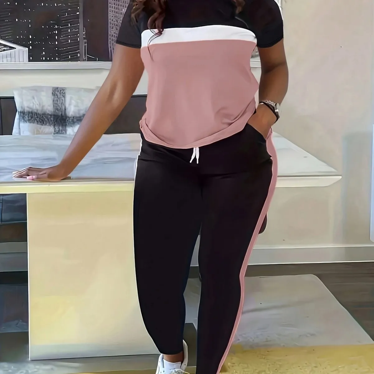 T-Shirt + Hose, Sport-Sets, Damen, lässig, kurzärmelig, gestreift, bedruckt, T-Shirts, Outfits, modisch, Jogger, elastische Hosen, zweiteilige Sets