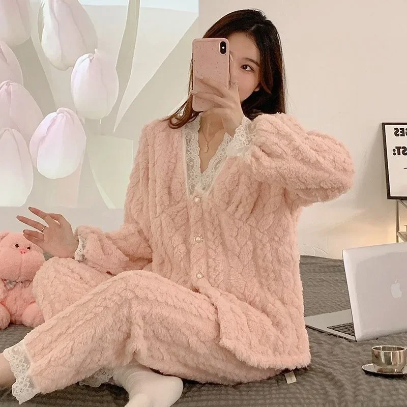 2024 New Coral Velvet pigiama donna inverno a maniche lunghe flanella Loungewear addensato peluche pizzo primavera autunno Homewear Set