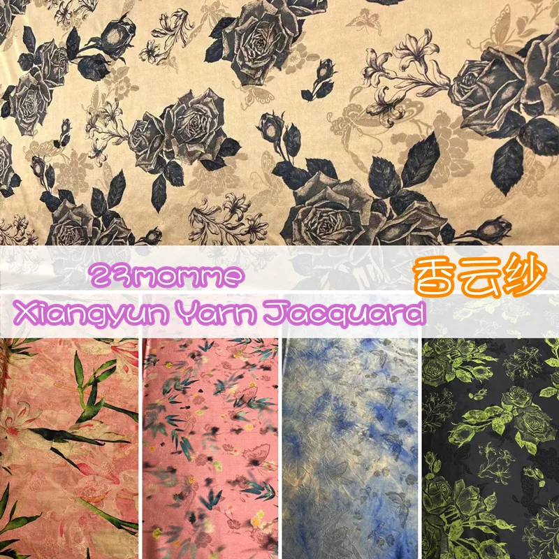 

23m/m Transparent Floral Jacquard Pure Silk Fragrant Cloud Yarn Fabric High-end Luxury Summer Shirt Dress DIY Clothing Material