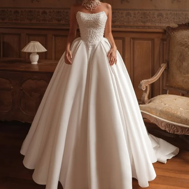 Satin white Wedding Dresses off-shoulder A skirt  Pearl jewelry decal luxury Long tail Bridal Gowns Made Customized