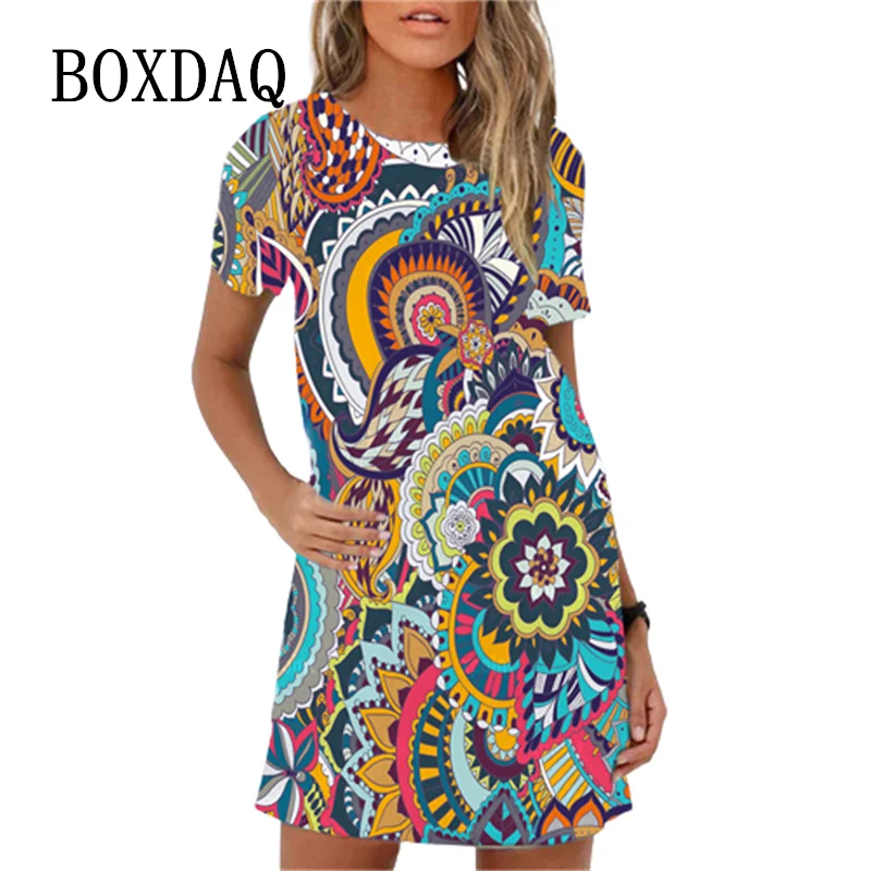 Mini vestido feminino com estampa 3D com decote em O, vestido de verão, casual, manga curta, vestido feminino solto, novo, 2023