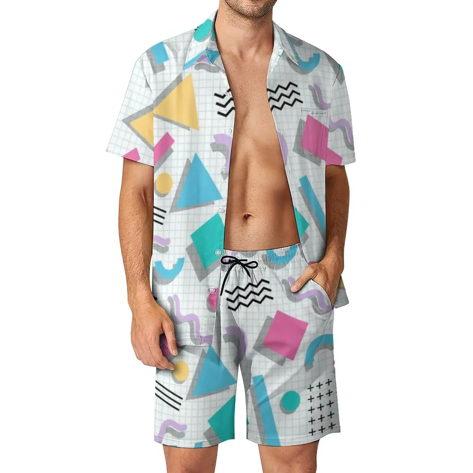 Memphis Pattern Shirt Sets 3D Printed Men Casual Fashion Short Sleeves Shirts Oversized Beach Shorts Hawaiian  Suits Clothes