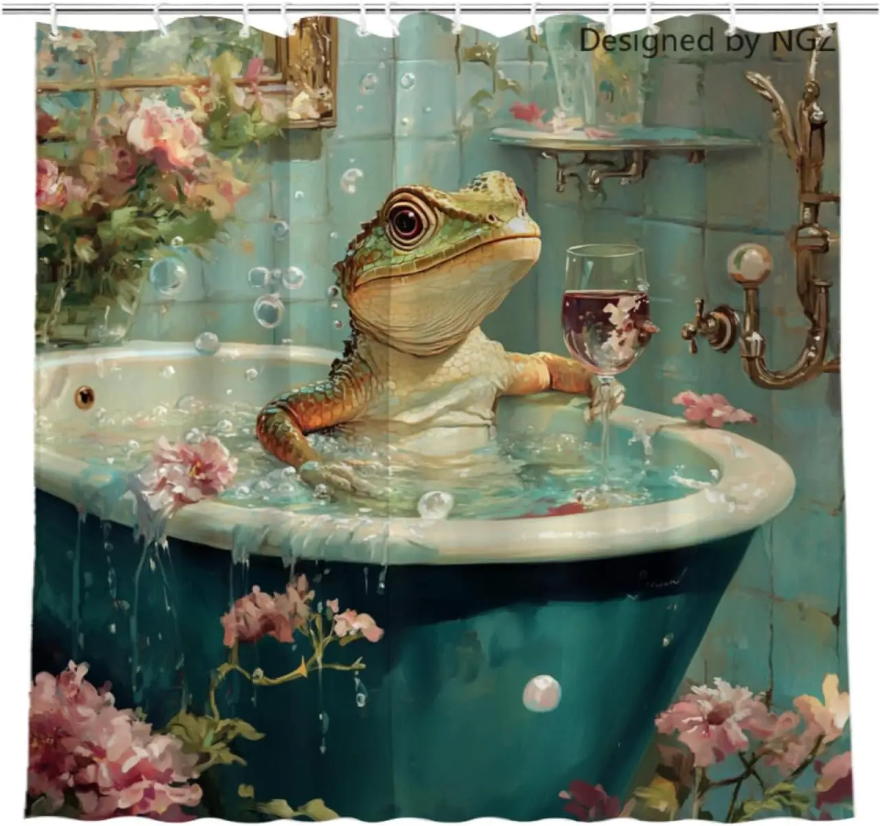 Funny SPA Lizard Shower Curtain, Teal Green Reptile Print, Waterproof Polyester with 12 Hooks,  Bathroom Decor