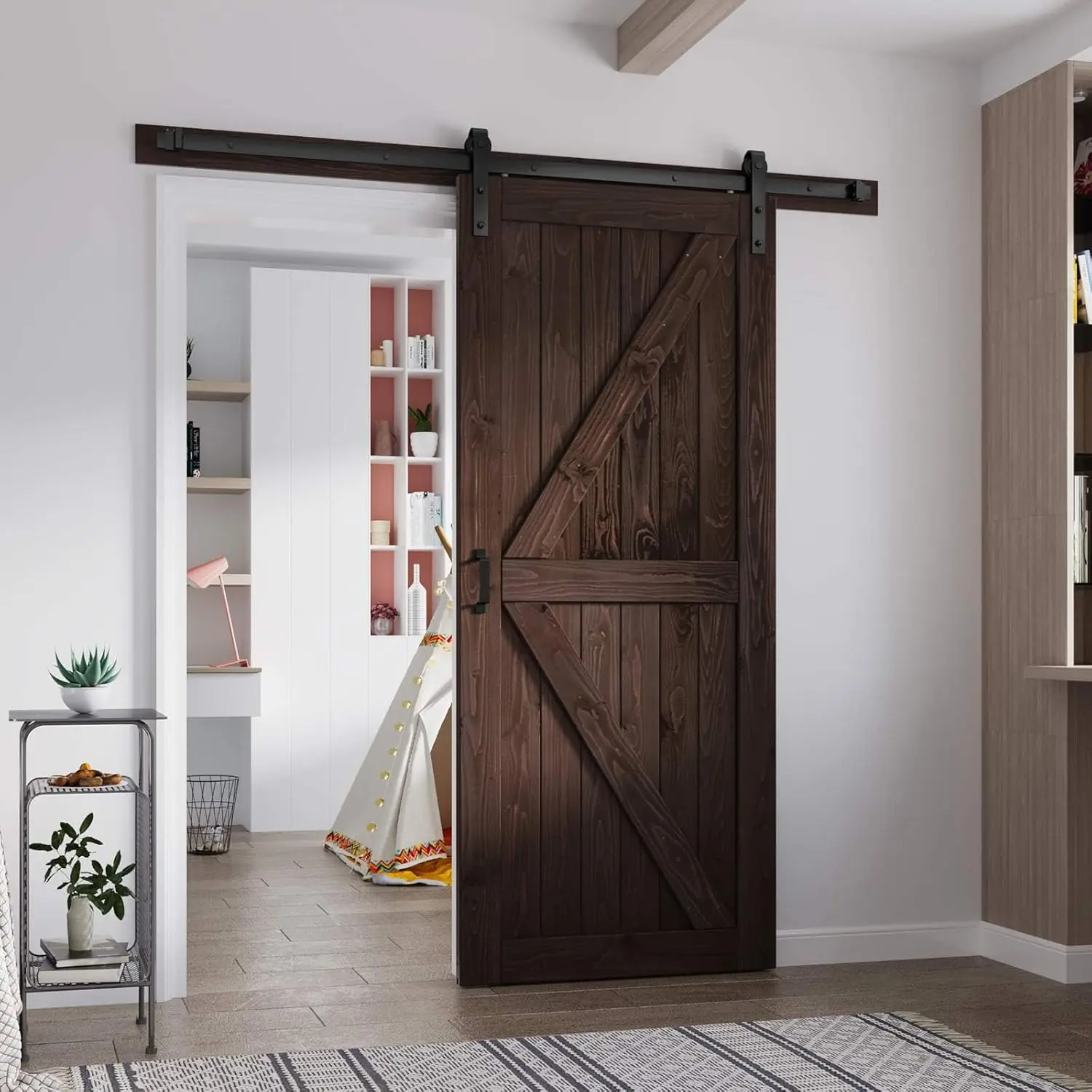 Fredbeck 36In X 84In Brown Barn Door With 6.6Ft (79Inch) Barn Door Hardware Track Kit And Handle Included, Double