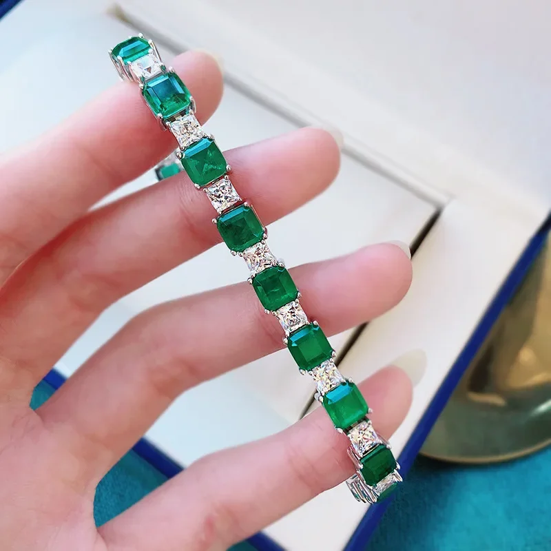 

Trendy Emerald Diamond Bangle Bracelet 100% Real 925 Sterling silver Wedding Bracelets For Women Bridal Promise Party Jewelry