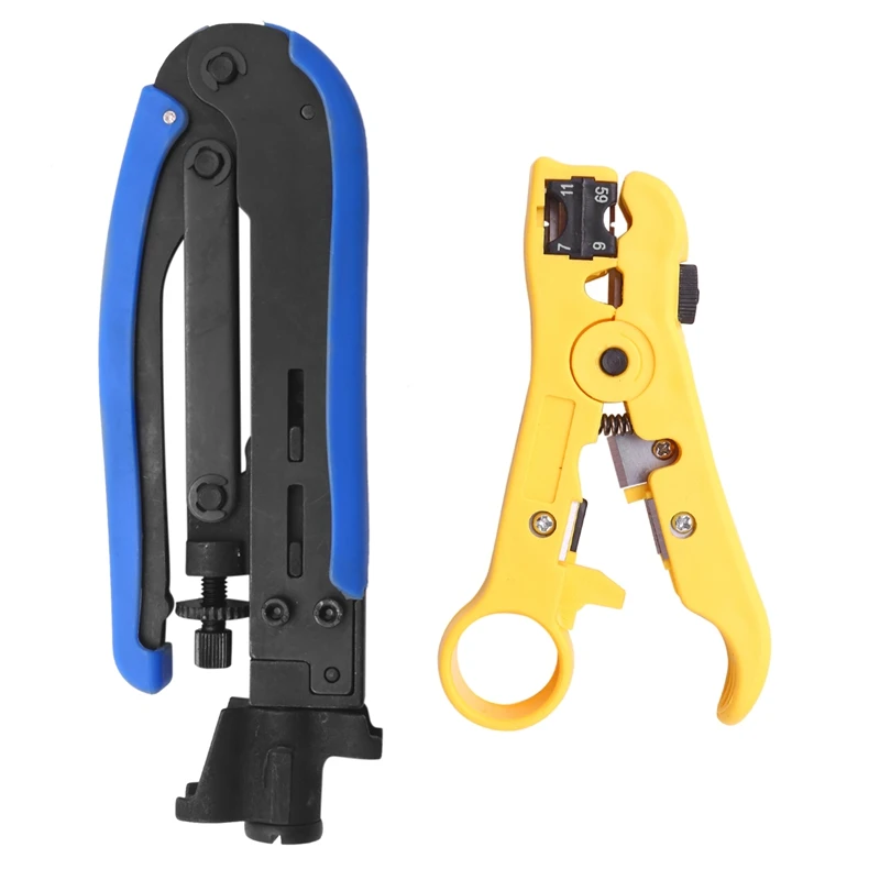 Compression Tool Coax Cable Crimper Kit Adjustable Rg6 Rg59 Rg11 75-5 75-7 Coaxial Cable Stripper With 10 Pcs F Compression Conn