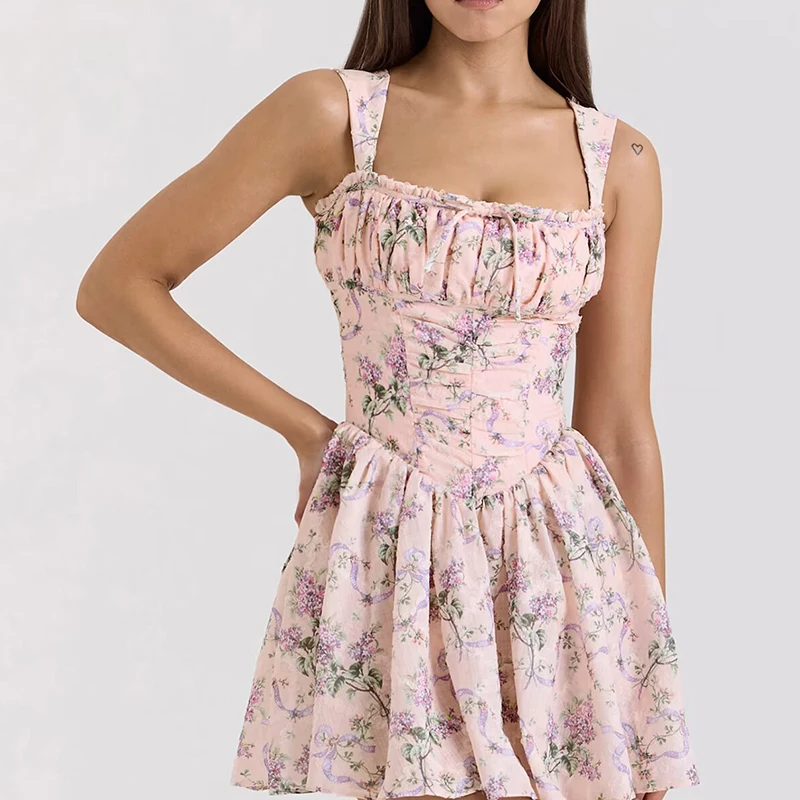 Jastie French Style Floral Print Sleeveless Mini Dresses Women Square Neck Low Waist A-line Slim Summer Dress Holiday Robe 2025