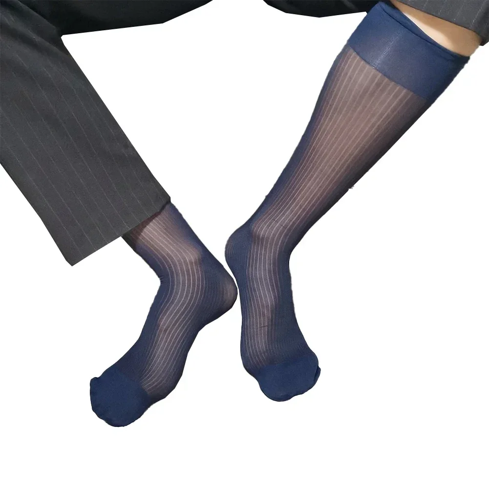 1 Pair Sexy Men's Striped Silky Sock Elastic Sheer Ultra Thin Stockings Casual Business Formal Middle Tube Socks For Male