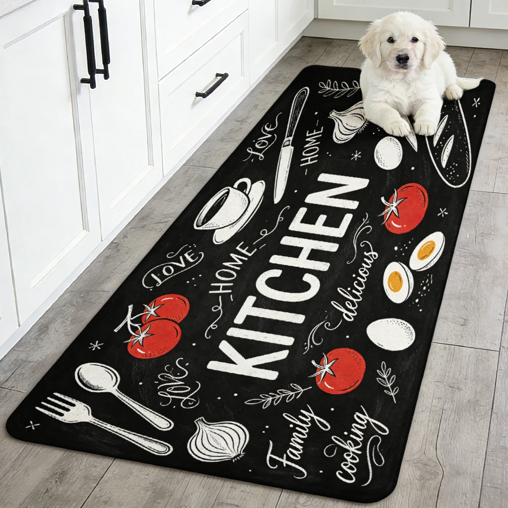 Black Chalkboard Kitchen Utensil Tomato Egg Sketch Runner Rug, non-slip carpet, family cooking mat for kitchen aisle entryway