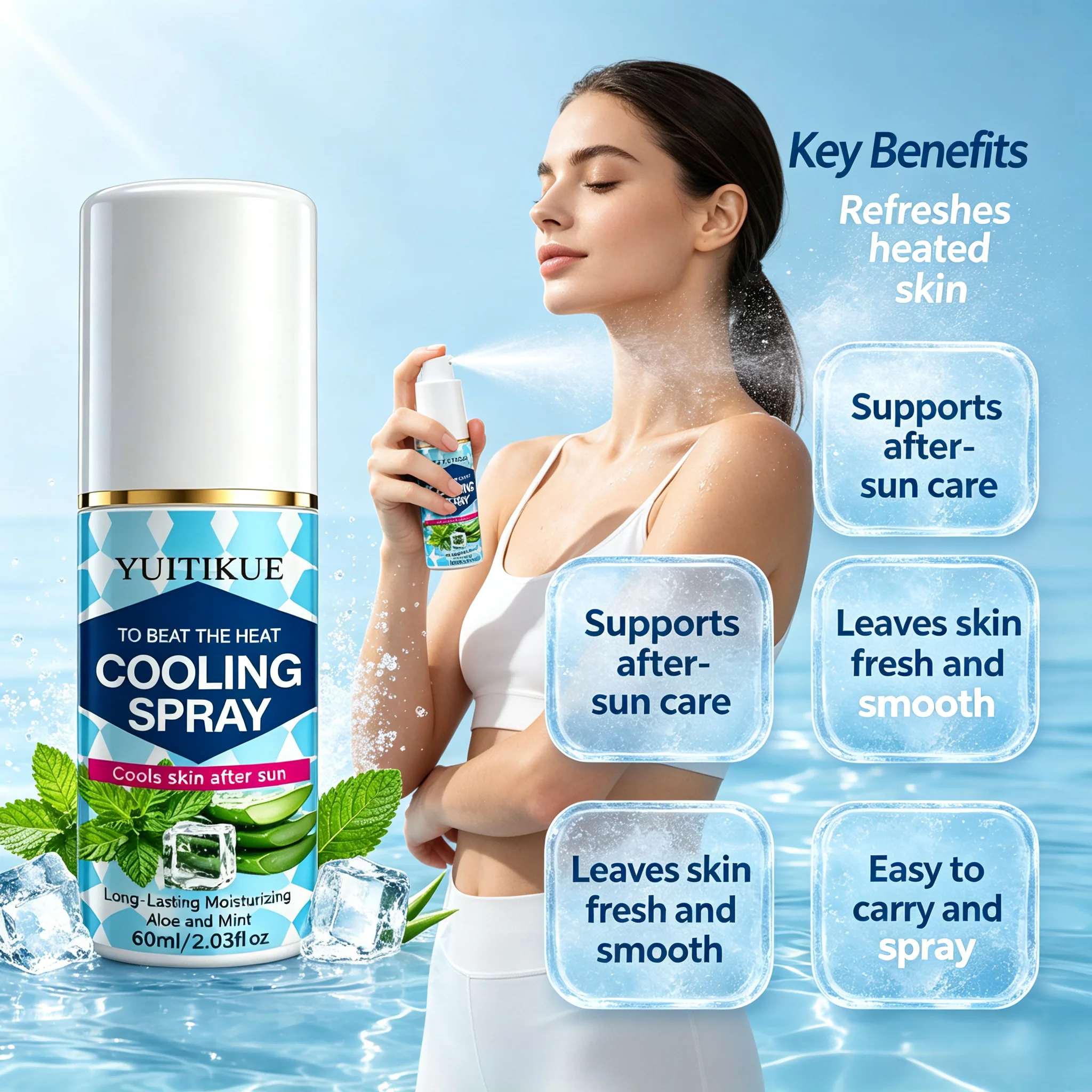 YUITIKUE Aloe Mint Cooling Spray 60ml After Sun Skin Care Long Lasting Hydrating Refreshing Portable Summer Facial Body Mist