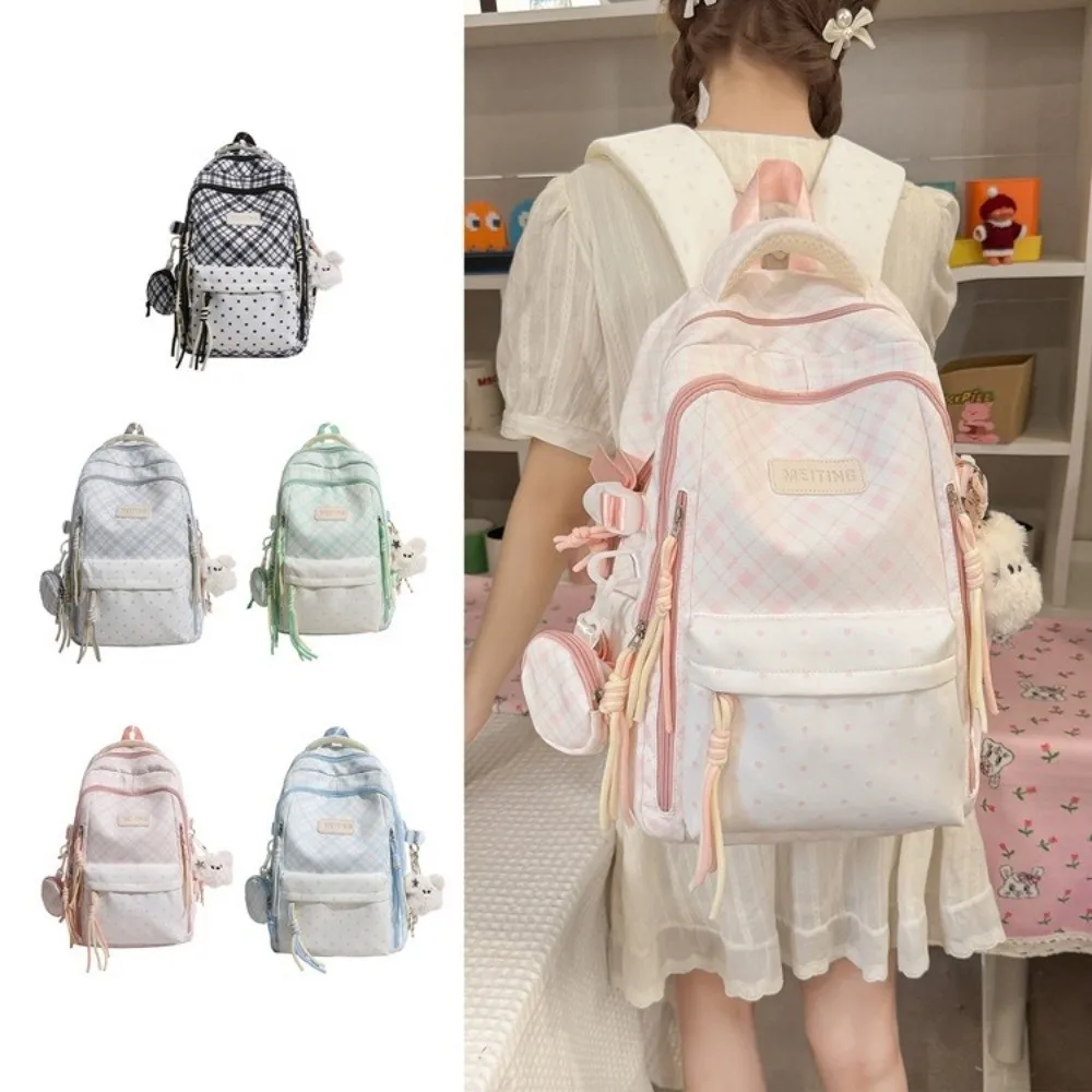 Trendy Large Capacity Plaid Backpacks Lightweight Nylon Checkered Travel Daypack Casual Multi-pocket Laptop Backpack for Women