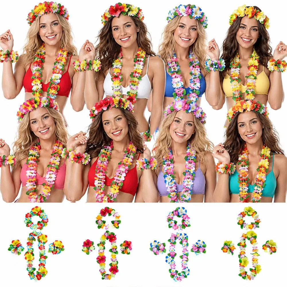 4Pcs/Set Artificial Petal Flower Leis Garland Elastic Band Portable Petal Headband Reusable Hollow Out Design Hawaiian Lei Set