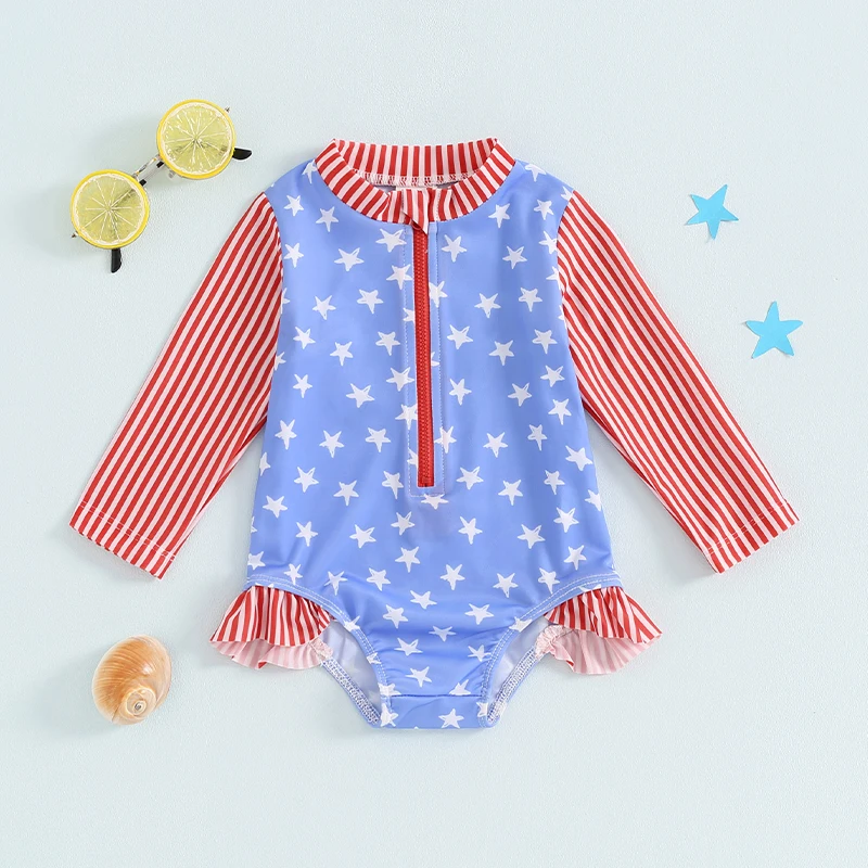 

Baby Girl Swimsuit Striped Star Print Long Sleeve Zipper Rash Guard 4th of July Bathing Suit Infant Toddler Swimwear