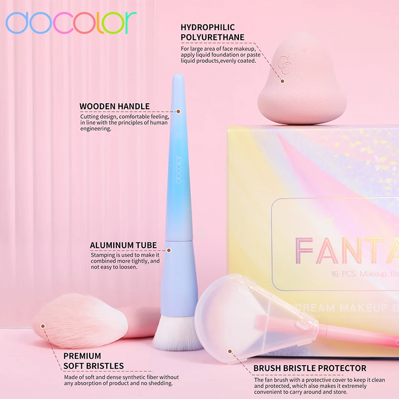 Docolor FANTASY β
’ 16Pcs Makeup Brushes with Makeup Bag Makeup Sponge Brush Cleaning Pad Powder Foundation EyeShadow Concealers