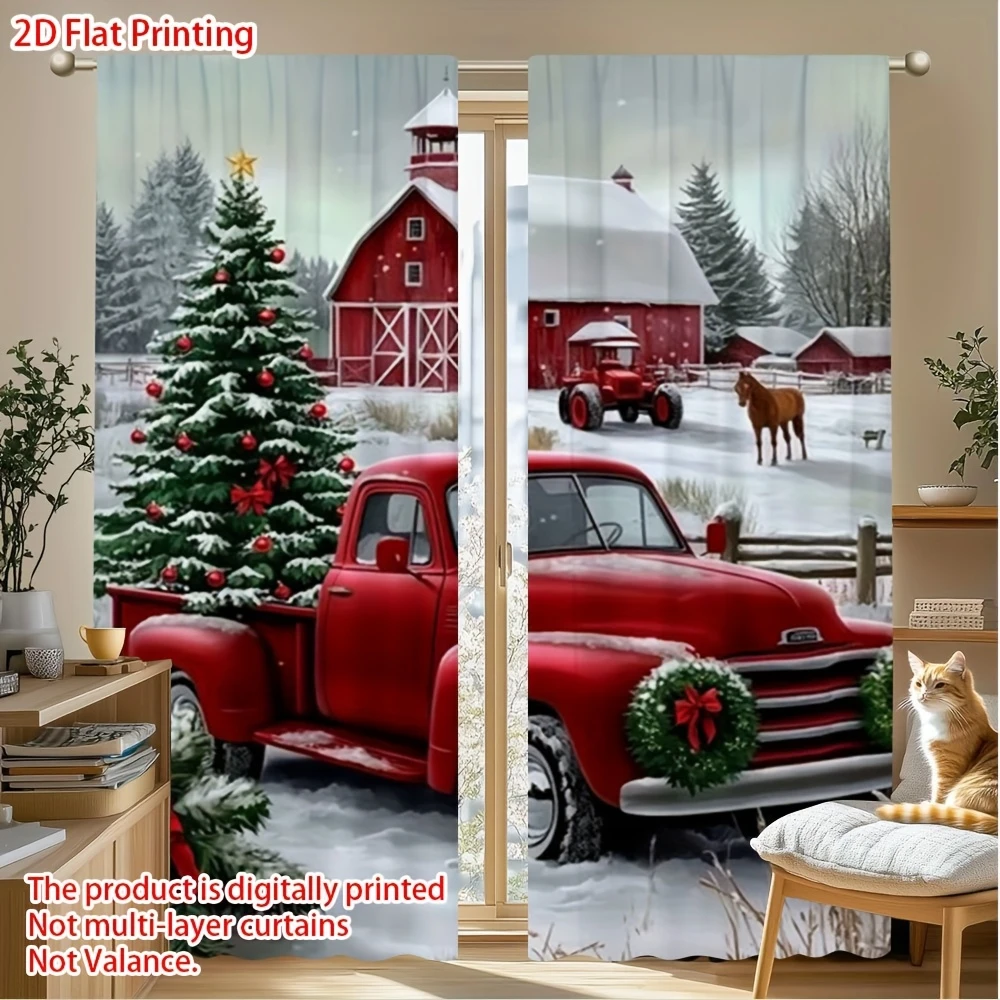 Christmas Farm Red Truck Barn Curtains, Rod Pocket, Polyester, Home Decor, Bedroom Living Room, Country Home Decor, Home Decor