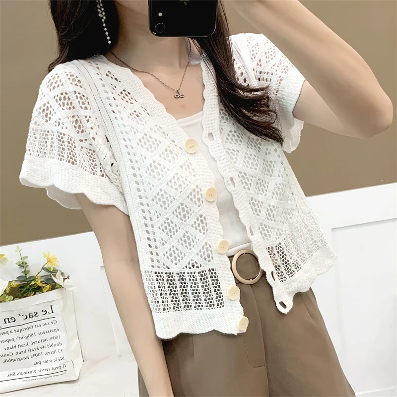 Boring Honey Solid Colors Single-Breasted Women's T-Shirt V-Neck Hollow Out Knitted Fashion Women Blouses Crochet Short Tops