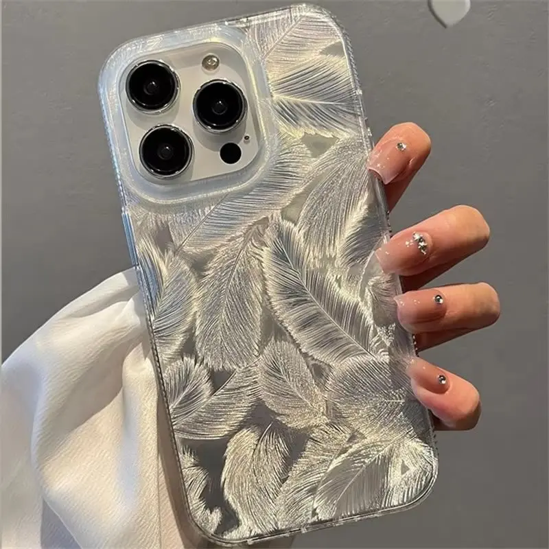 Fashion Laser Gradient Feather Pattern Phone Case for iPhone 16 15 14 Plus 13 12 11 Pro Max 15Pro 14Pro Shockproof Silicone Cove image 2