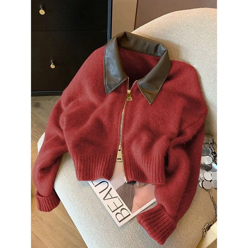 Lazy Style Soft and Sticky Knitted Sweater Cardigan Sweater for Women 2024 New Autumn and Winter High-end Big Red Top