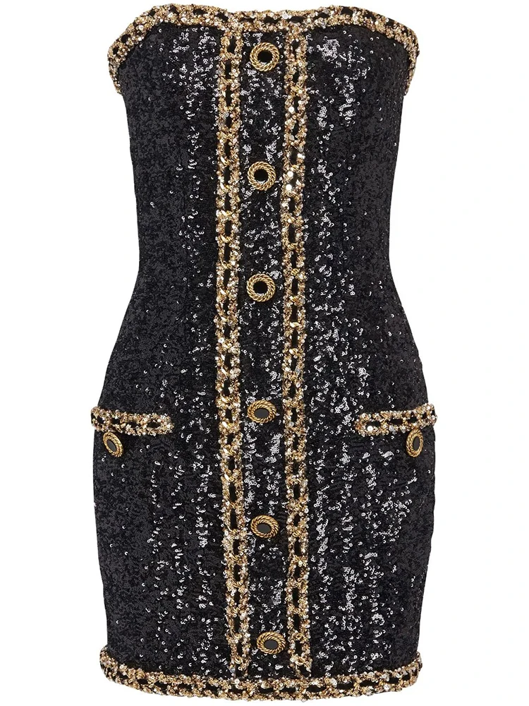 HIGH STREET Newest 2024  Designer Runway Fashion Women\'s Gold Chains Sequined Strapless Sheath Tube Dress