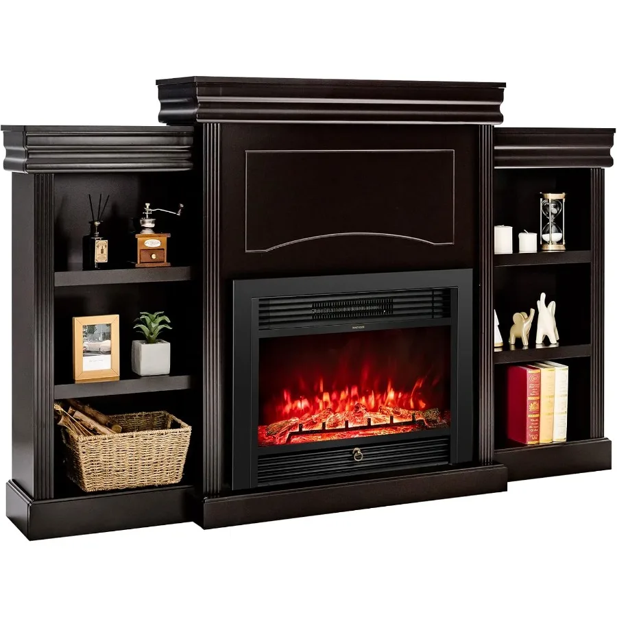 

70 Электрический камин с каминкой и встроенными книжными полками с отделкой эспрессо, мощность нагрева 750 Вт/1500 Вт, дисплей пламени 28,5 с