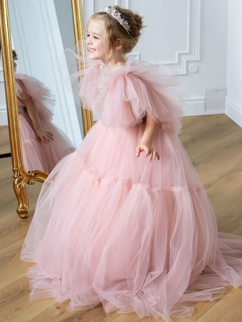 Robe trapèze longue bouffante en tulle rose pour filles, robe de princesse personnalisée pour enfants, fête d'anniversaire, robe de banquet de mariage élégante, quelle que soit