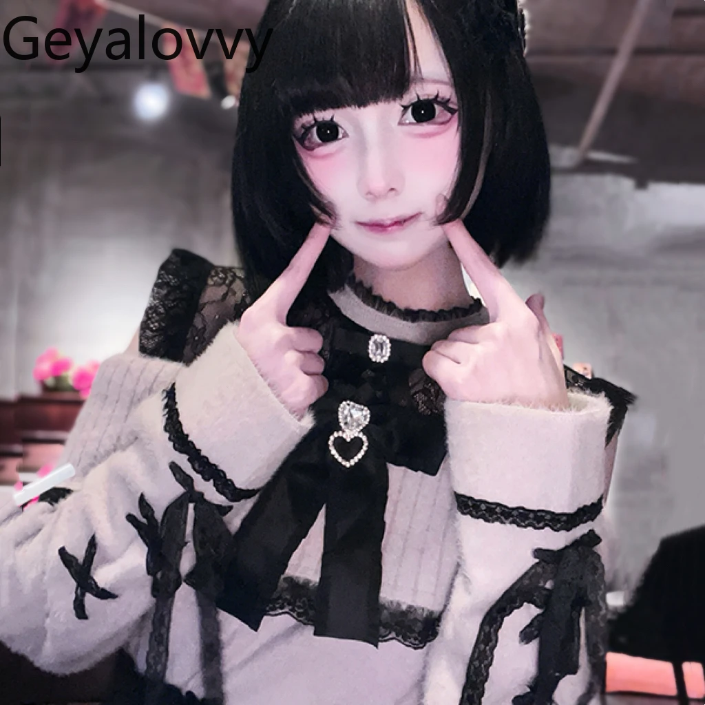 Automne hiver nouvelle sous-culture japonaise pull produit en série doux polyvalent nœud dentelle épaules dénudées à manches longues pull polyvalent