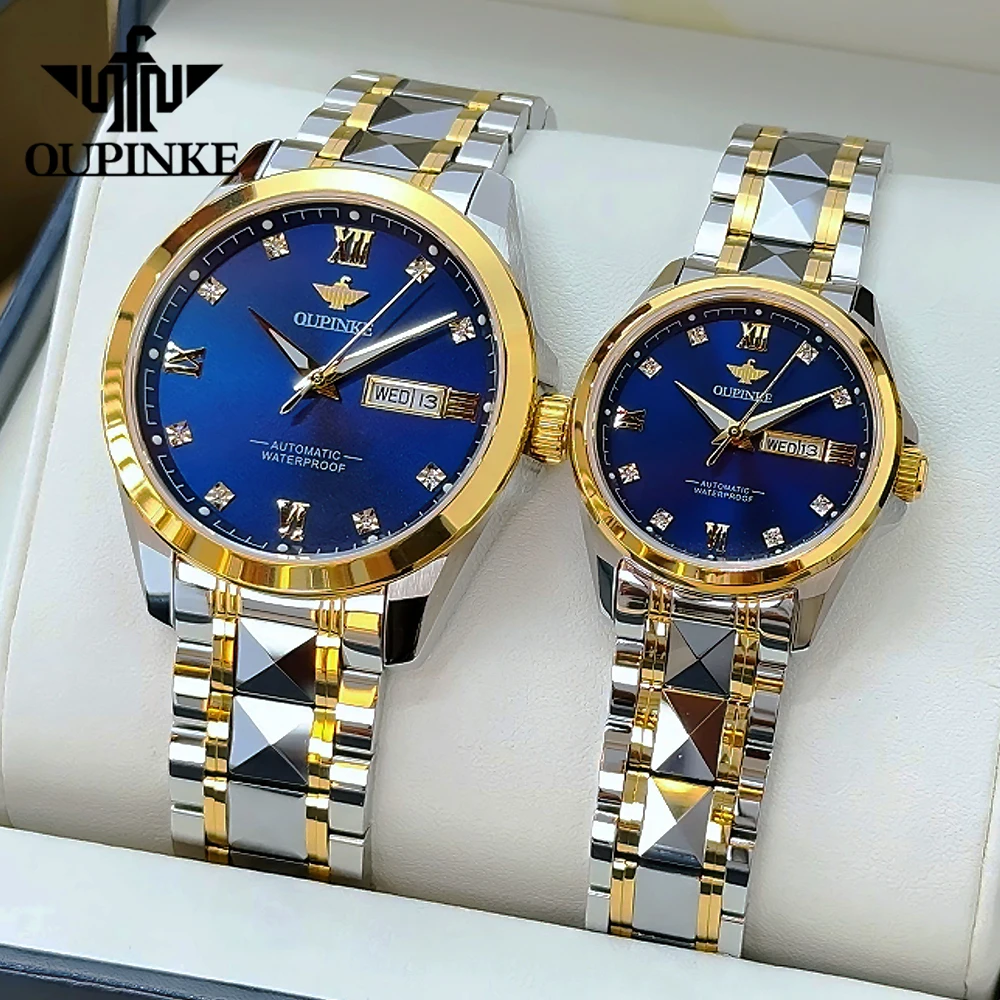 OUPINKE Couple Watches Top Luxury Fashion Tungsten Steel Sapphire Mirror Original Automatic Mechanical Wristwatch Waterproof New