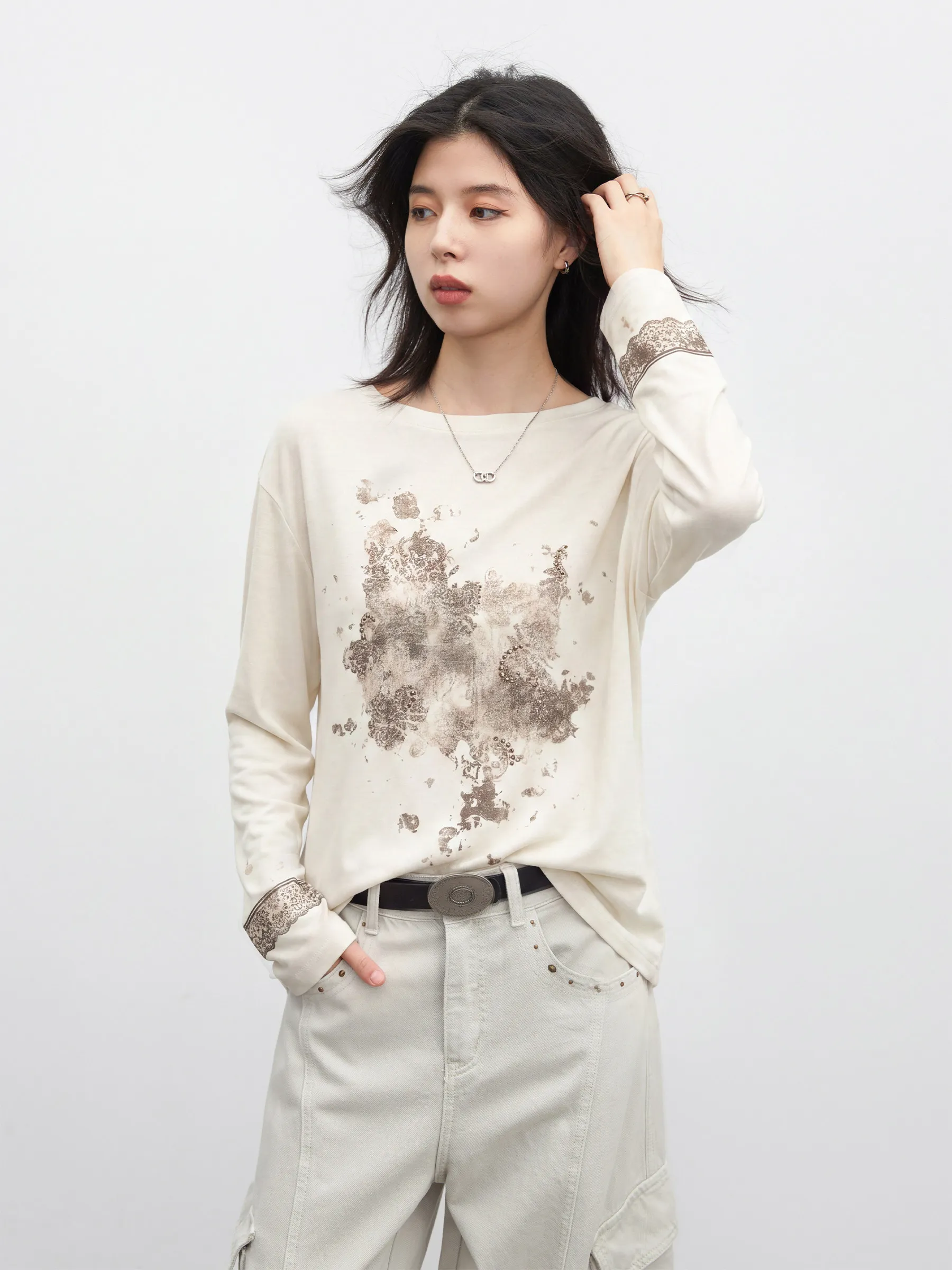 CHIC VEN Fashion Women's T-Shirts Long Sleeve Vintage Dyeing Flowers Slanted Shoulder Female Tees Pullover Spring Autumn 2026