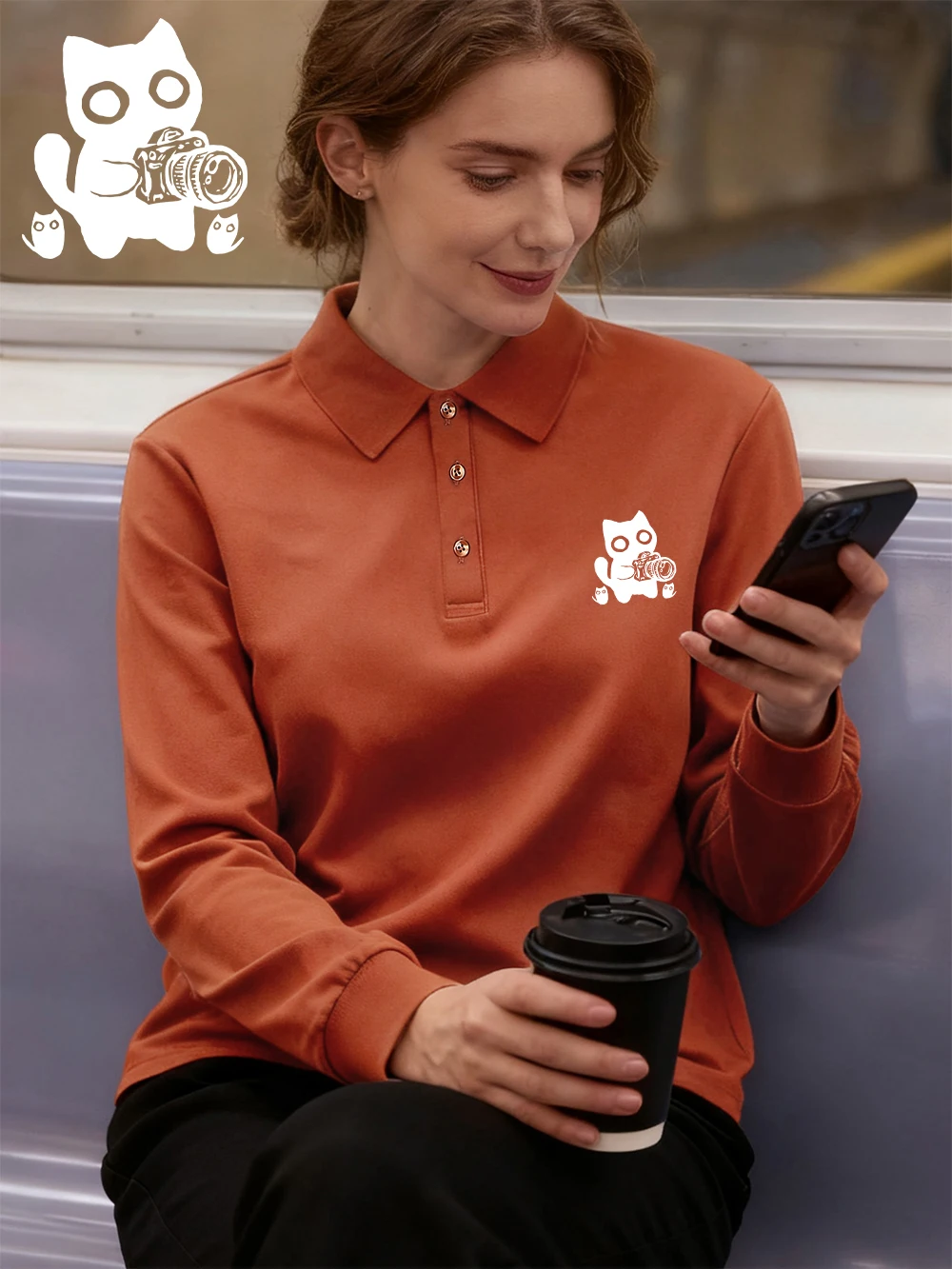 

Рубашки поло с принтом «Кошка любит фотографии», женские зимние топы с длинными рукавами, футболки с лацканами для поездок на работу, повседневная базовая тонкая рубашка для гольфа