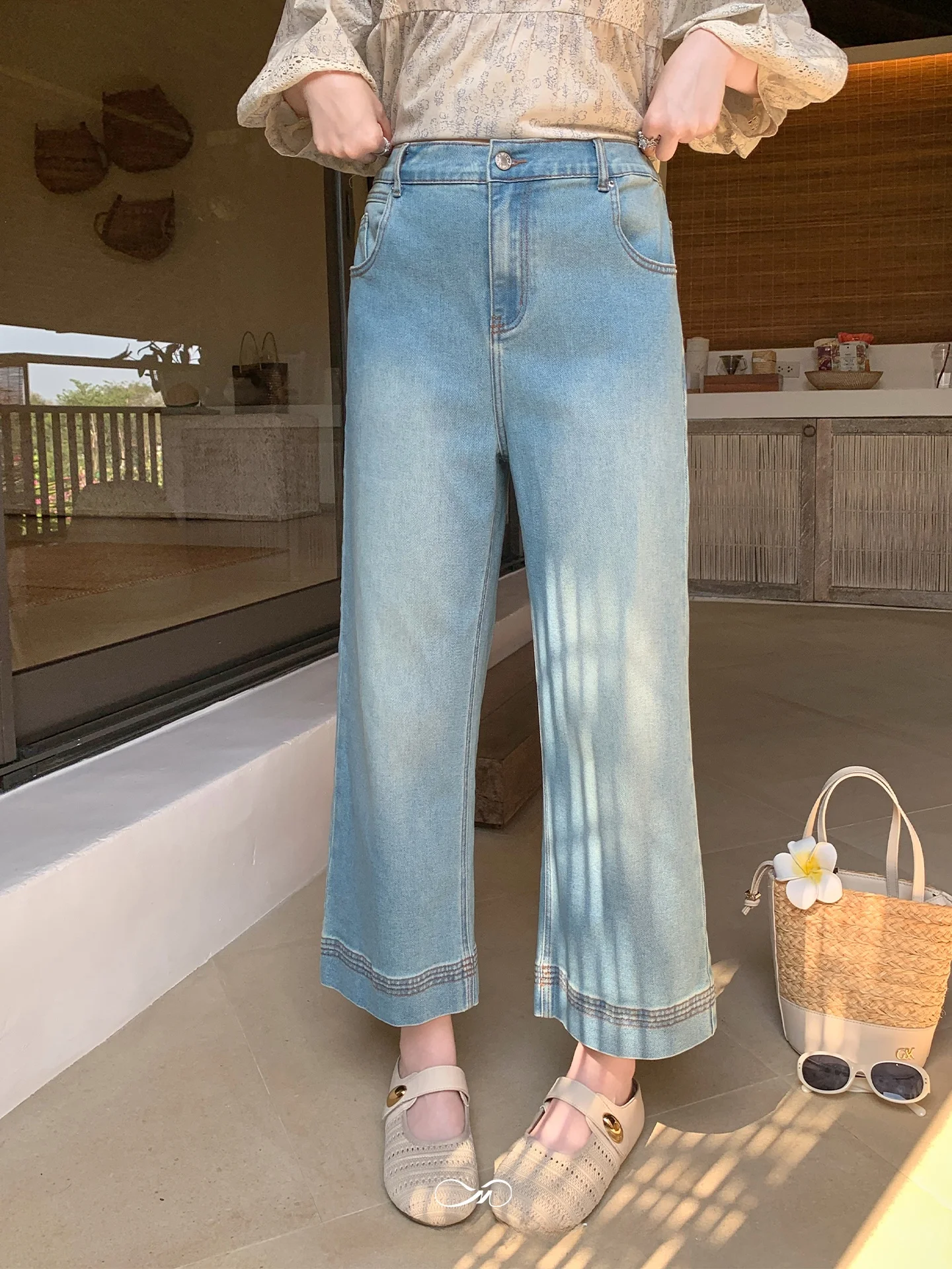 

Casual High Waist Straight Leg Jeans plus Size Women's Spring Loose Fit Slimming Versatile Washed Nine-Piece Pants