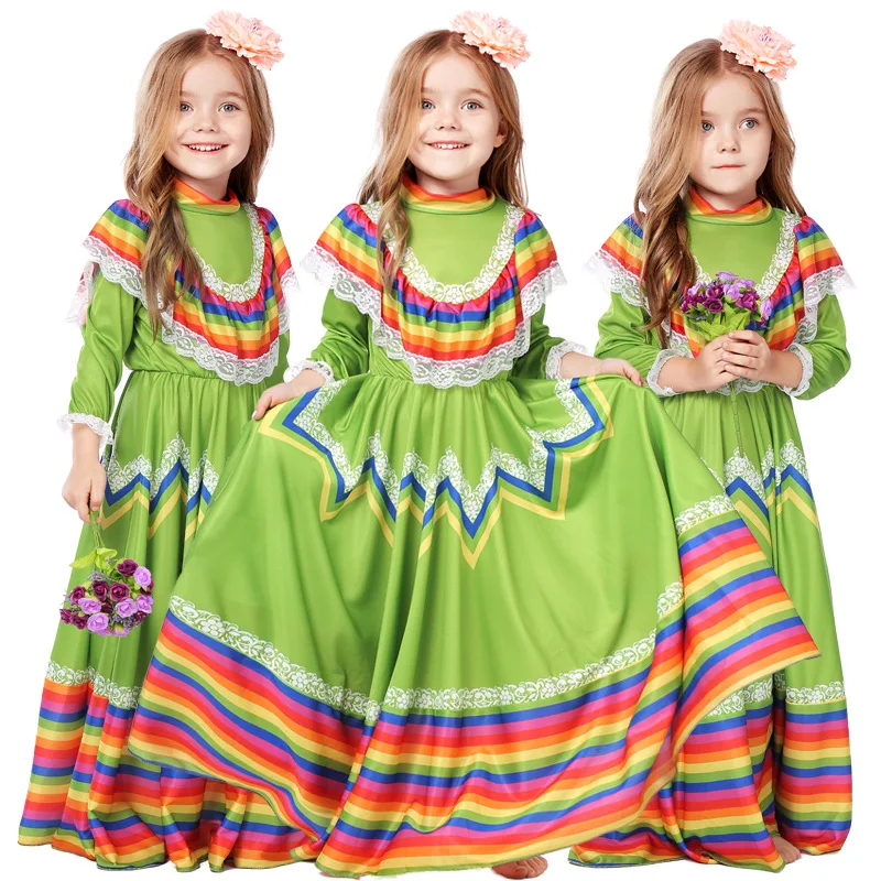 Mexico Folkdance Dress Girls Festival Halloween Clothes Student Stage Performance Fancy Long Dress Children Kids Dancing Set