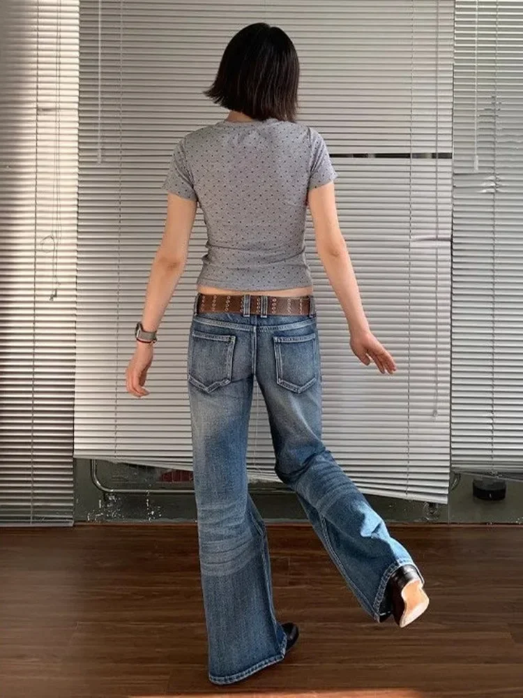 HOUZHOU American Retro High Street Spicy Girls Low Waist Jeans Women Vintage Y2k Harajuku Baggy Solid Denim Flared Pants 2025
