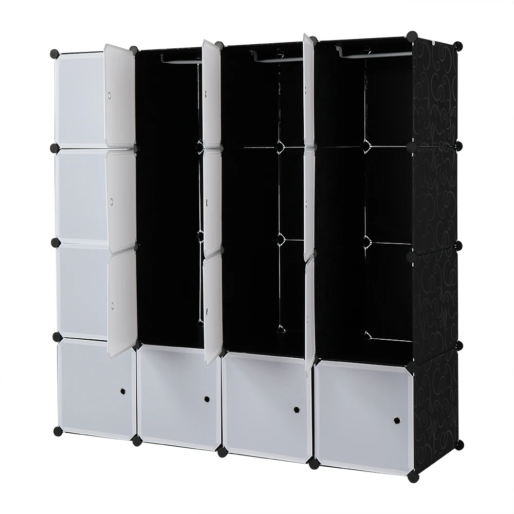 

16 Cube Organizer Stackable Plastic Cube Storage Shelves Design Multifunctional Modular Closet Cabinet with Hanging Rod White