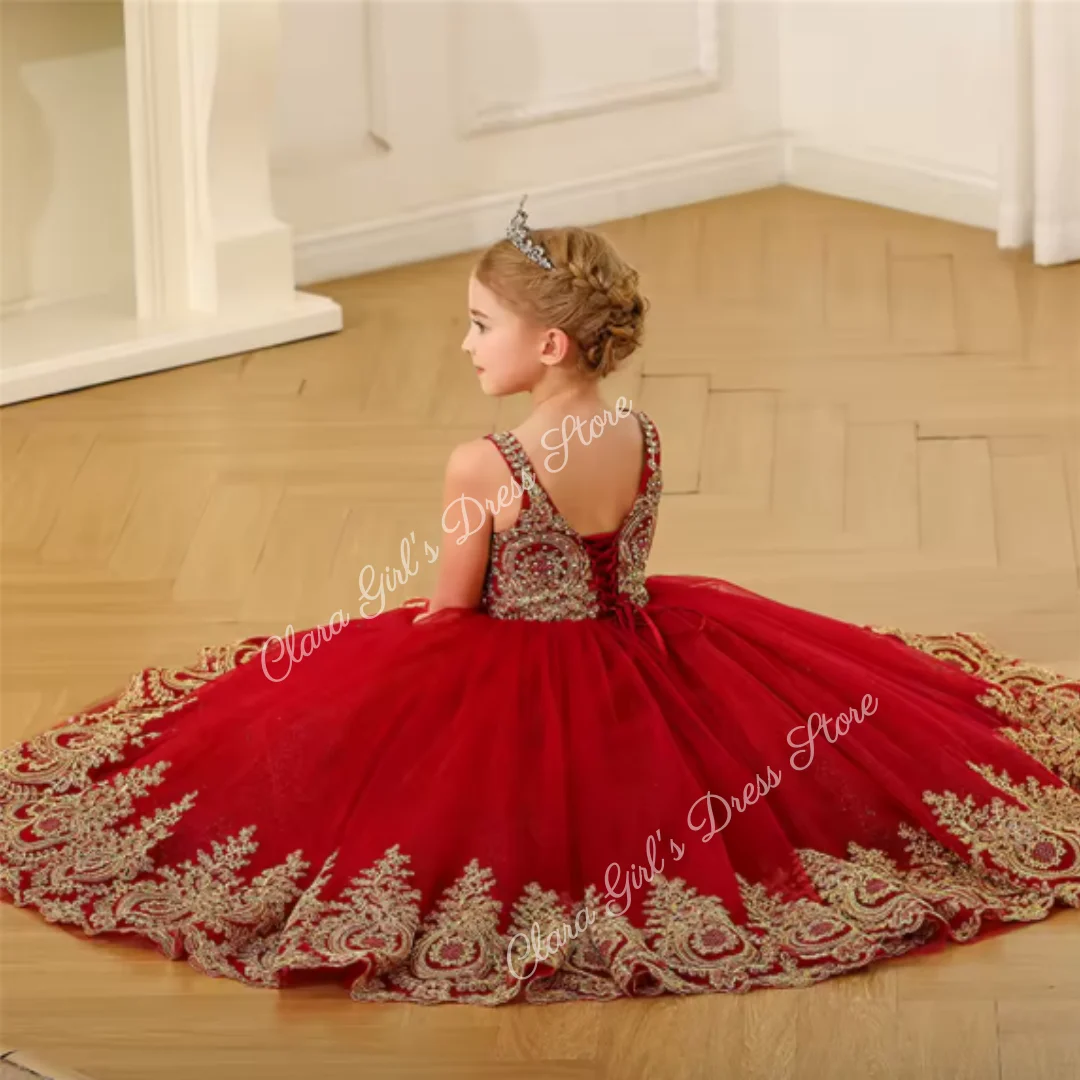 Precioso vestido de niña de flores rojo sin mangas de tul esponjoso apliques dorados para vestidos de boda vestido de banquete de graduación de cumpleaños para niños
