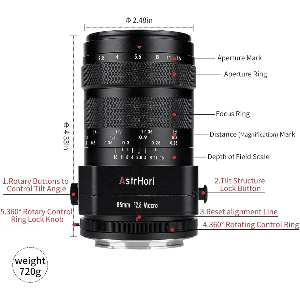 AstrHori 85mm F2.8 Macro Tilt Lens Full Frame Prime Lens for Sony A7SII Fuji X-T20 Canon EOS R5 Nikon Z5 Leica Panasonic Sigma