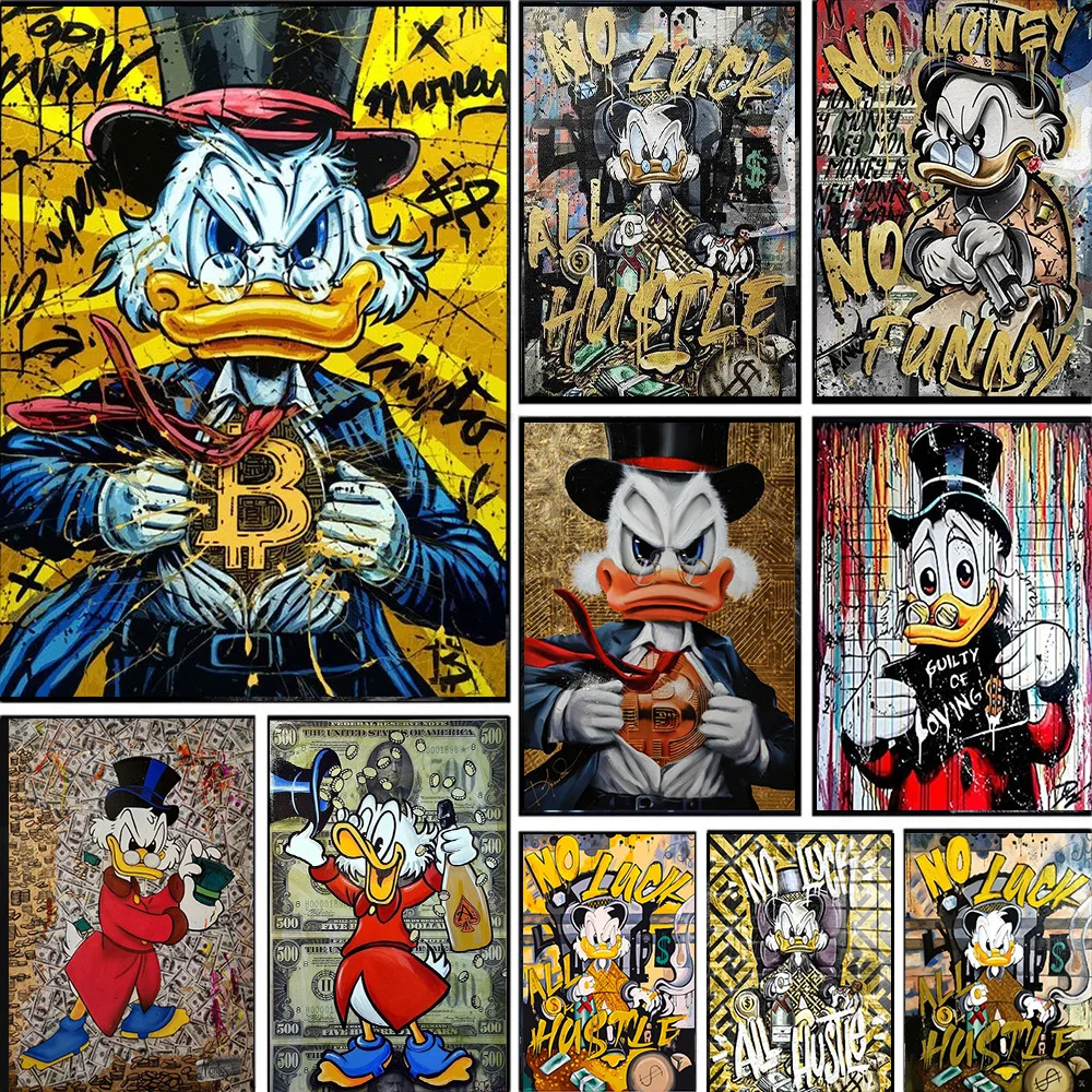 Disney Graffiti B Bitcoin Scrooge McDuck Poster Prints For Living Room Home Decor No Money No Funny Words Canvas Painting Wall