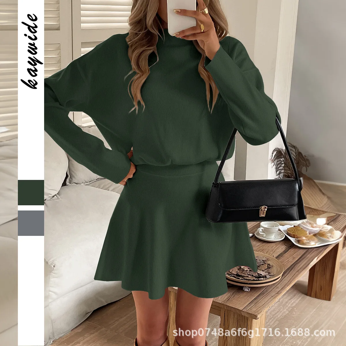 

Elegant Fashion Knit Long-Sleeve Knee-length Short Dress 2025 Spring Autumn Office Lady Solid Color Crew Neck A-Line Dress